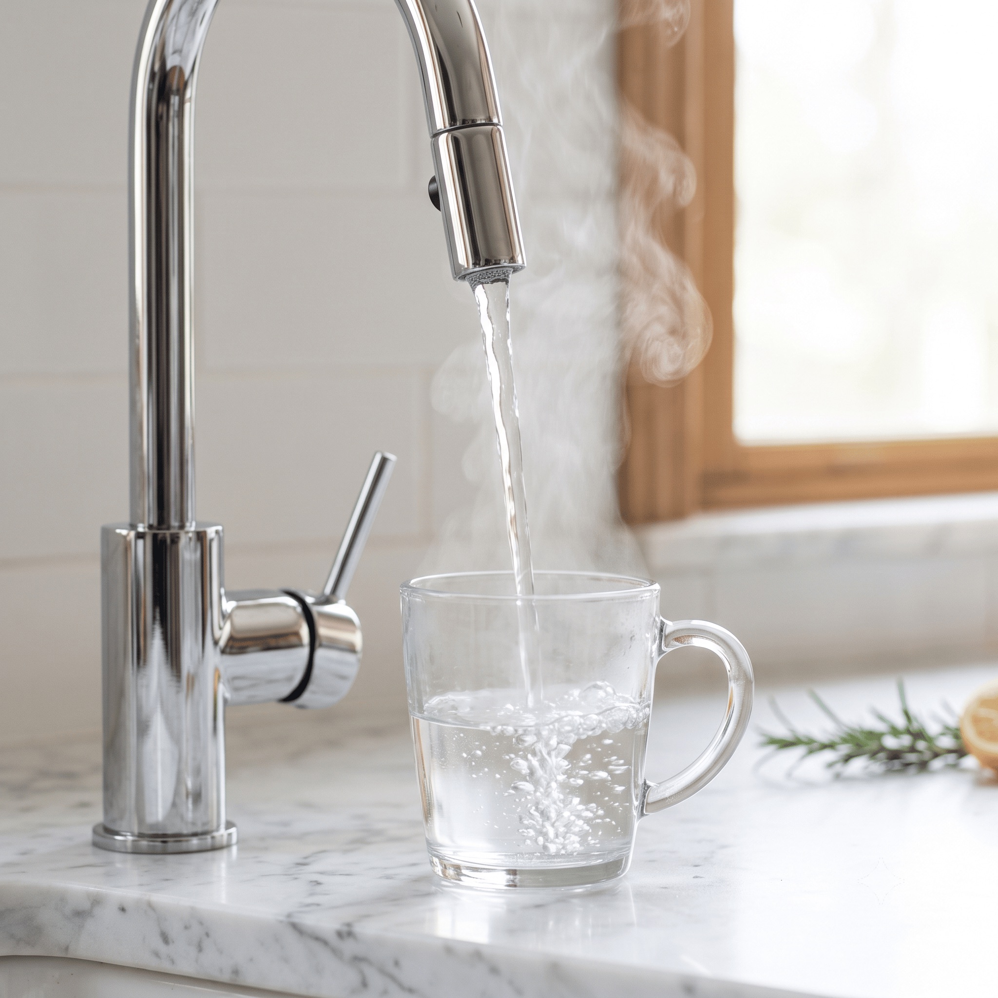 Family safely using a boiling water tap in a modern kitchen
